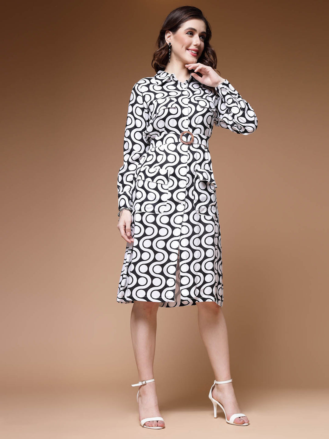 Geometric Printed Shirt Collar Cuffed Sleeves Shirt Dress