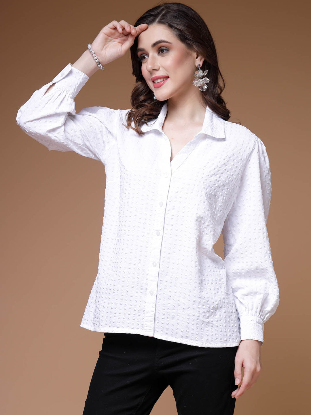 Self Design Spread Collar Long Sleeve Casual Shirt