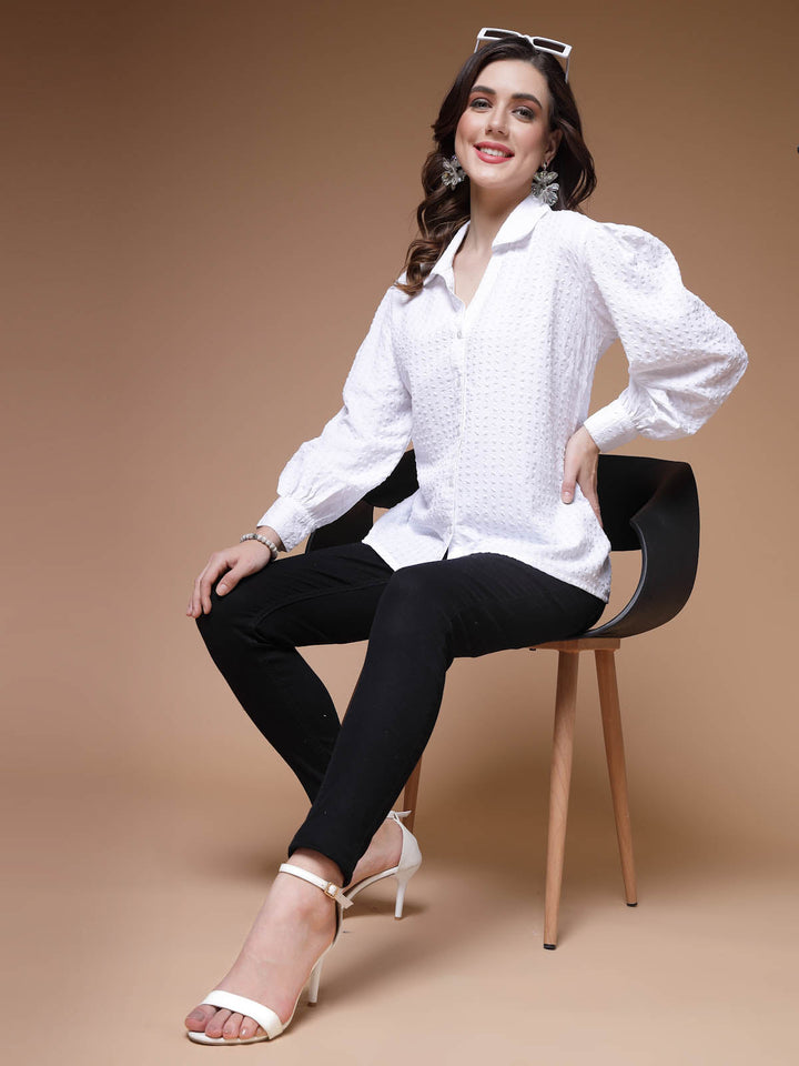 Self Design Spread Collar Long Sleeve Casual Shirt