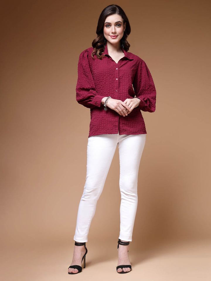 Self Design Spread Collar Long Sleeve Casual Shirt