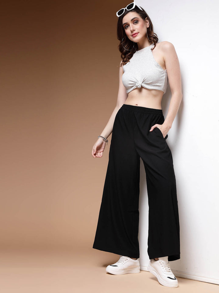 Women Black Mid Rise Plain Parallel Trousers