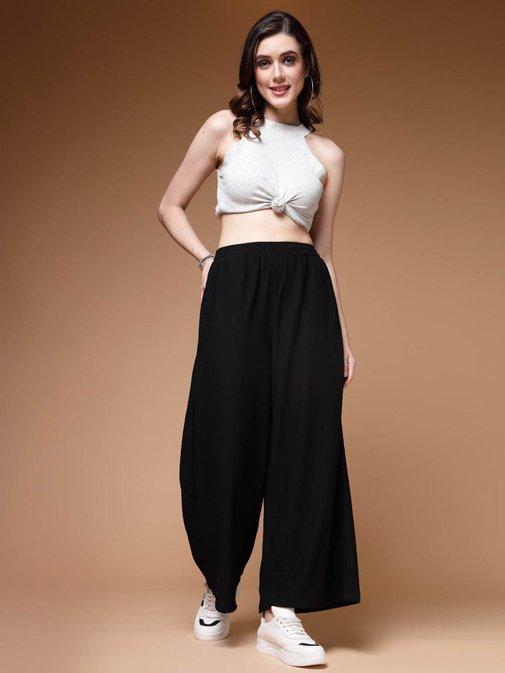 Women Black Mid Rise Plain Parallel Trousers