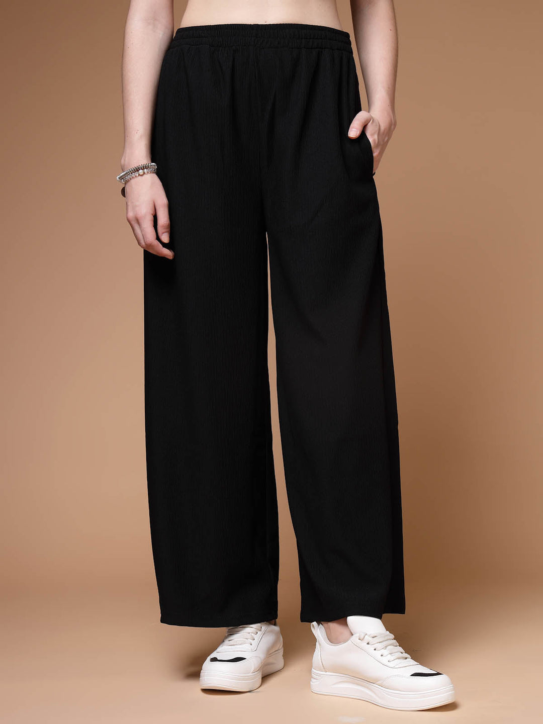 Women Black Mid Rise Plain Parallel Trousers