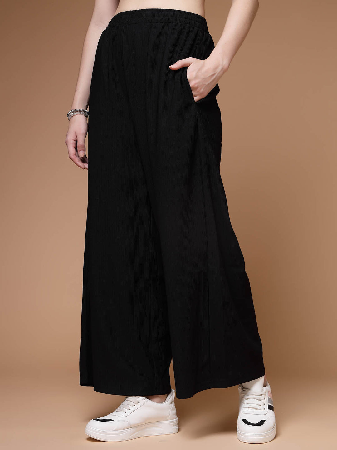 Women Black Mid Rise Plain Parallel Trousers