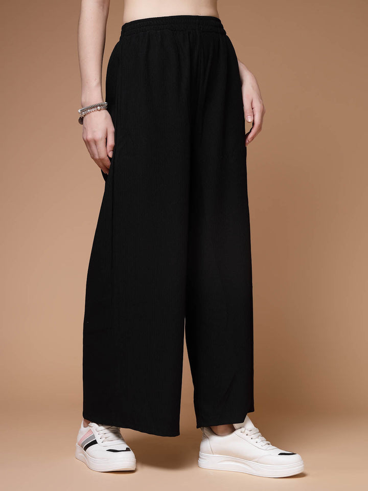 Women Black Mid Rise Plain Parallel Trousers