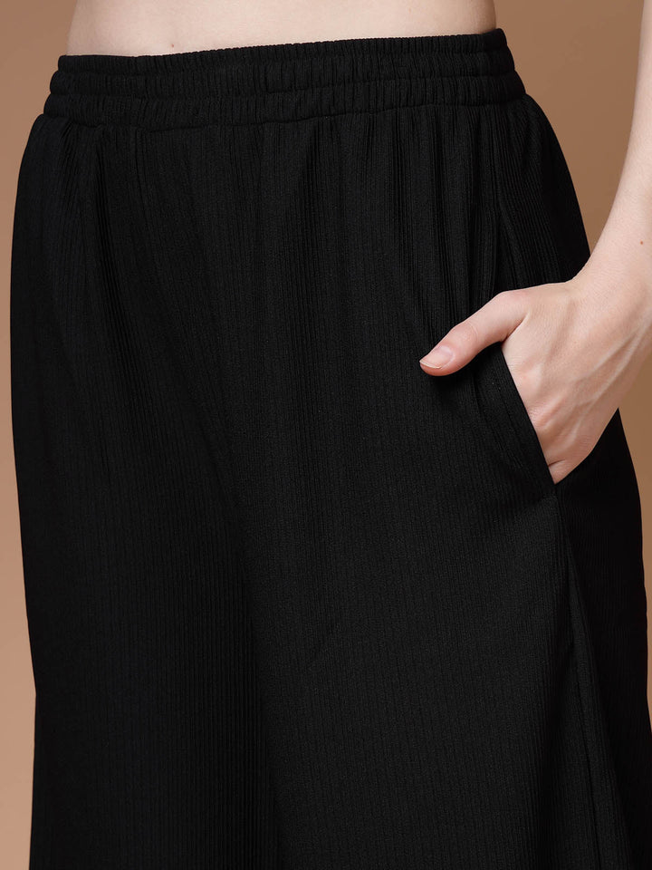 Women Black Mid Rise Plain Parallel Trousers