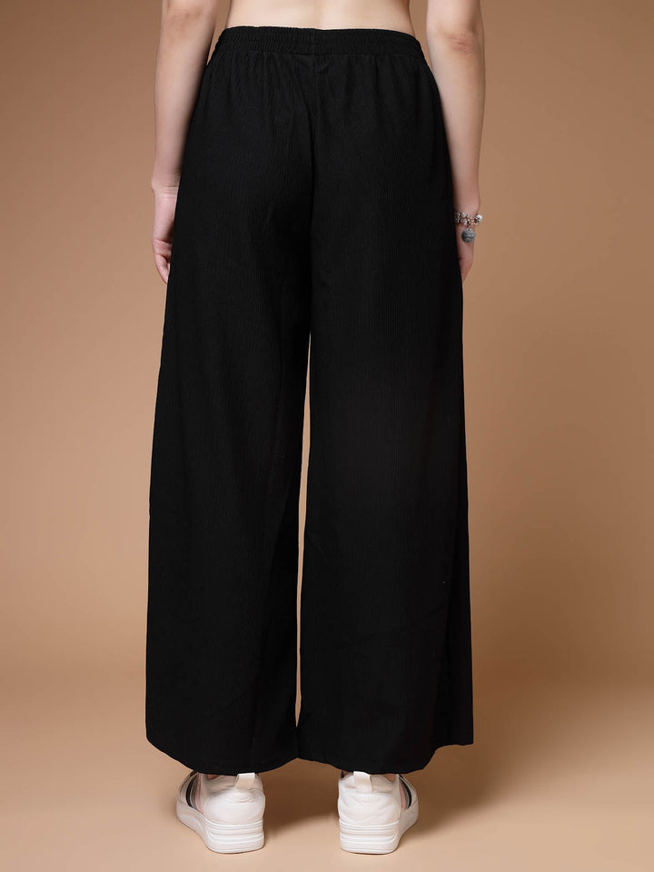 Women Black Mid Rise Plain Parallel Trousers