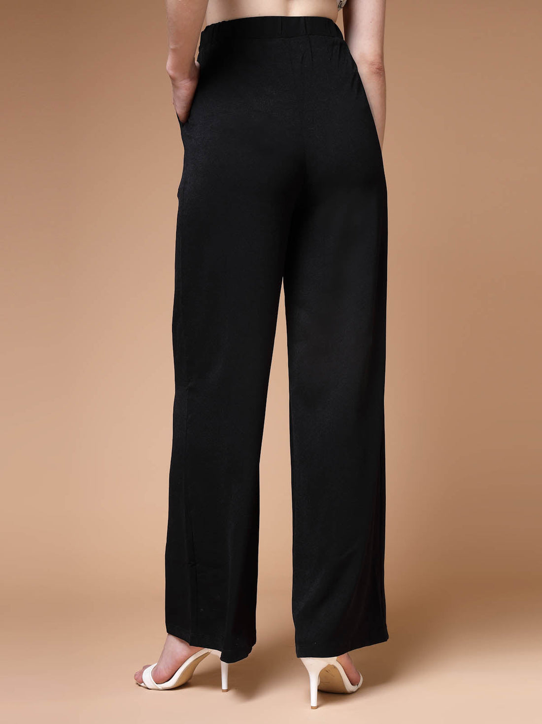 Women Black Mid Rise Plain Parallel Trousers