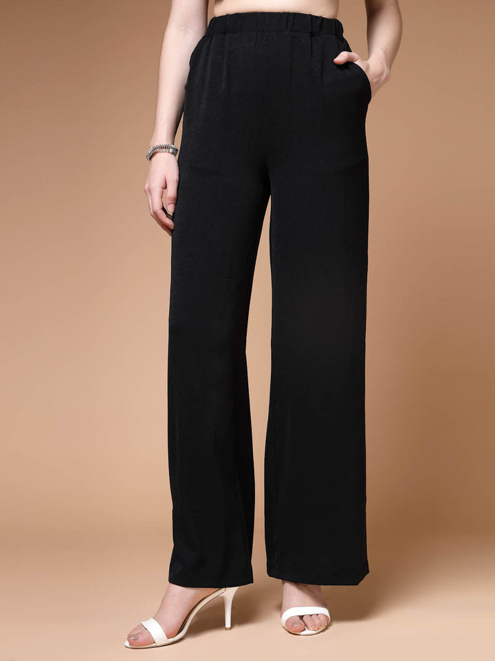 Women Black Mid Rise Plain Parallel Trousers