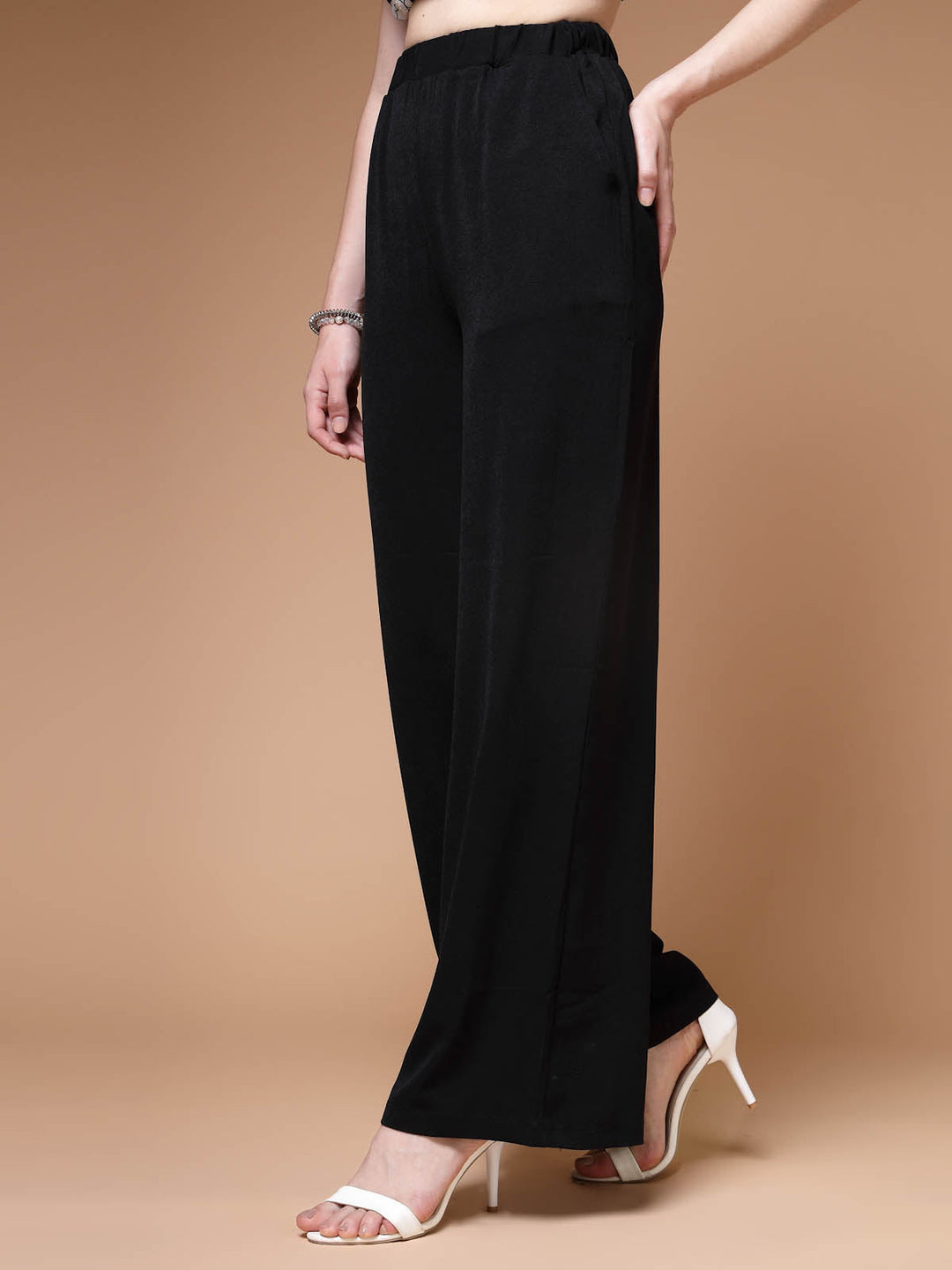 Women Black Mid Rise Plain Parallel Trousers