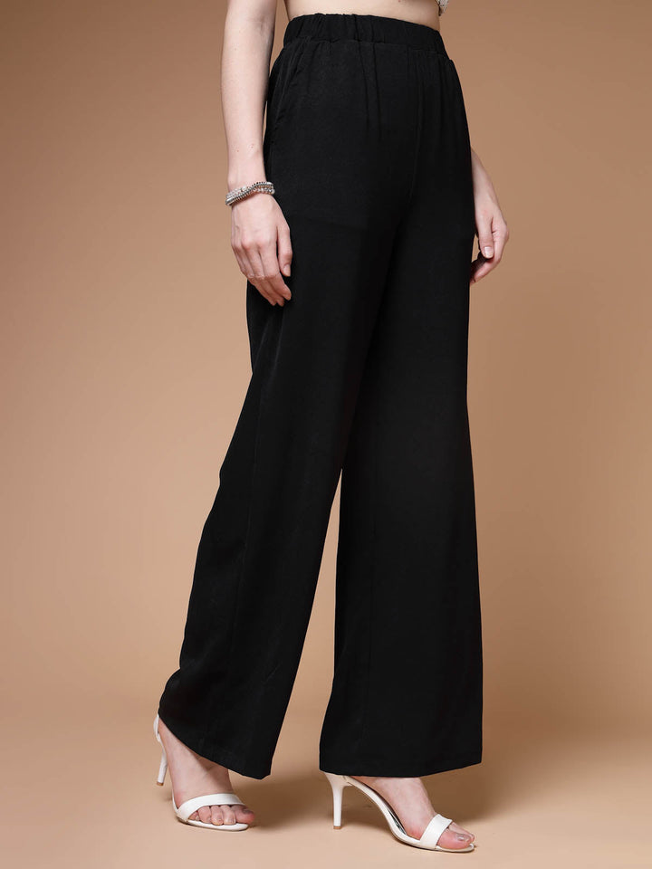 Women Black Mid Rise Plain Parallel Trousers