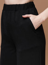 Women Black Mid Rise Plain Parallel Trousers