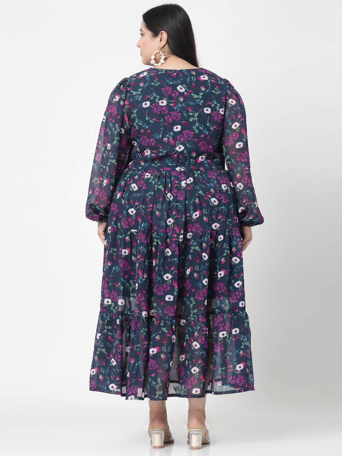 Plus Size Navy Blue, Pink & White Floral Printed Puff Sleeves Fit & Flare Maxi Dress