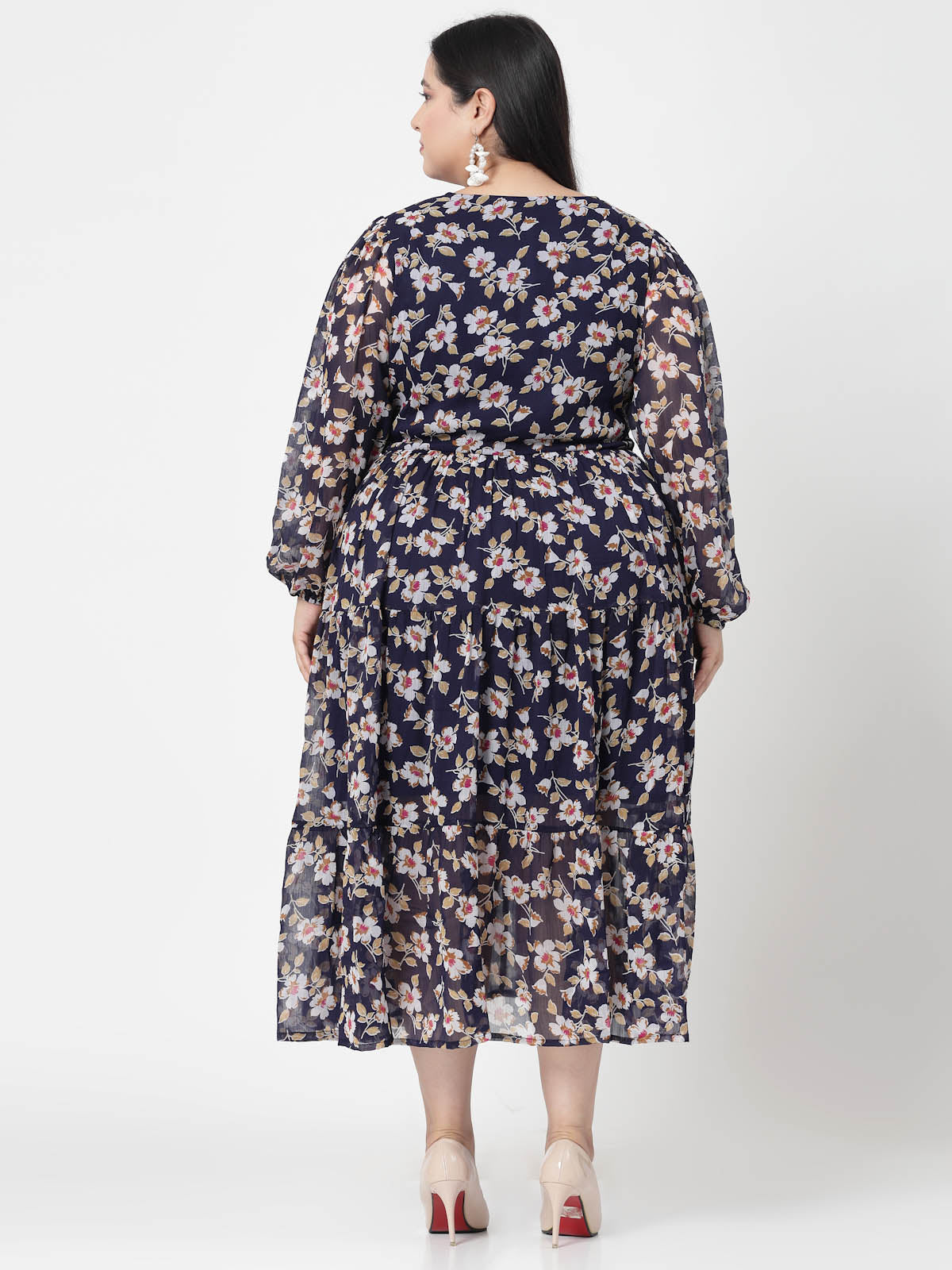 Plus Size Floral Print V-Neck Fit & Flare Midi Dress