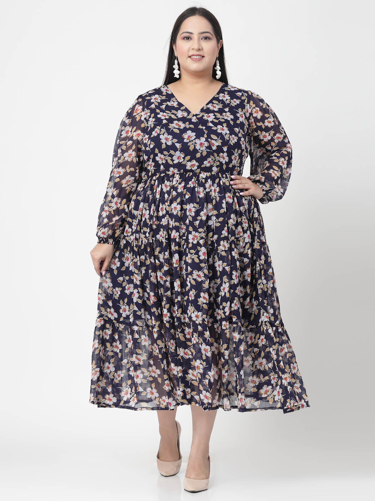 Plus Size  Floral Print V-Neck Fit & Flare Midi Dress