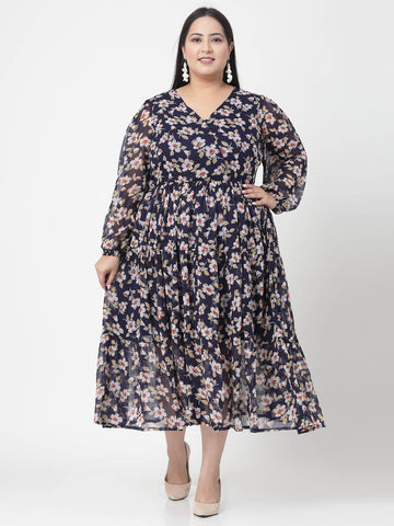 Plus Size Floral Print V-Neck Fit & Flare Midi Dress