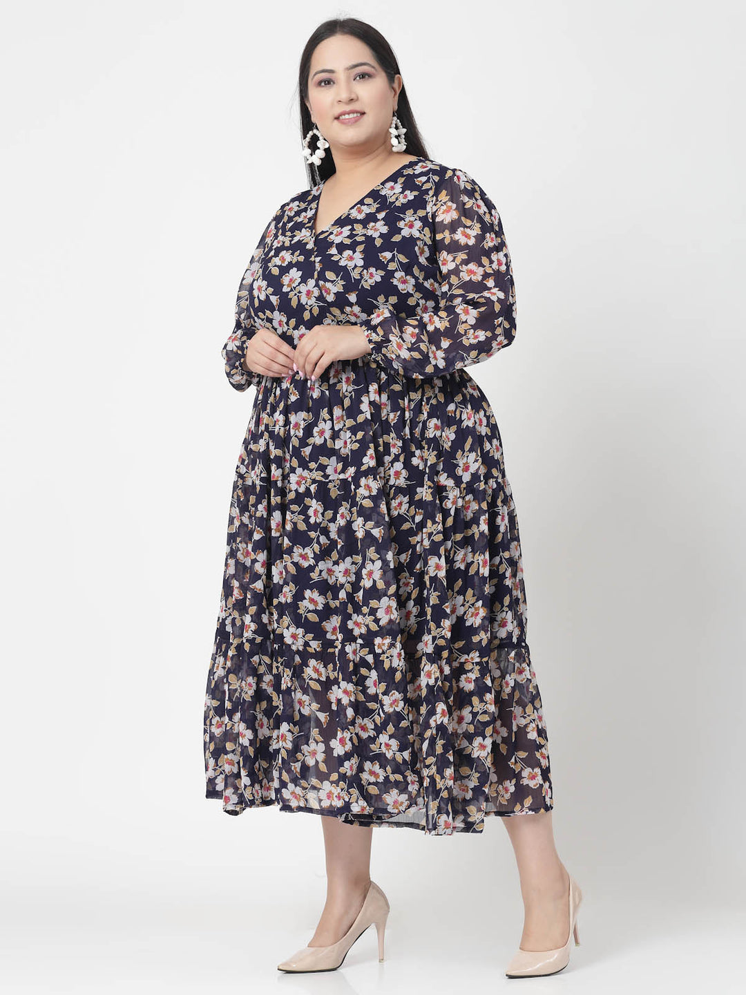 Plus Size Floral Print V-Neck Fit & Flare Midi Dress