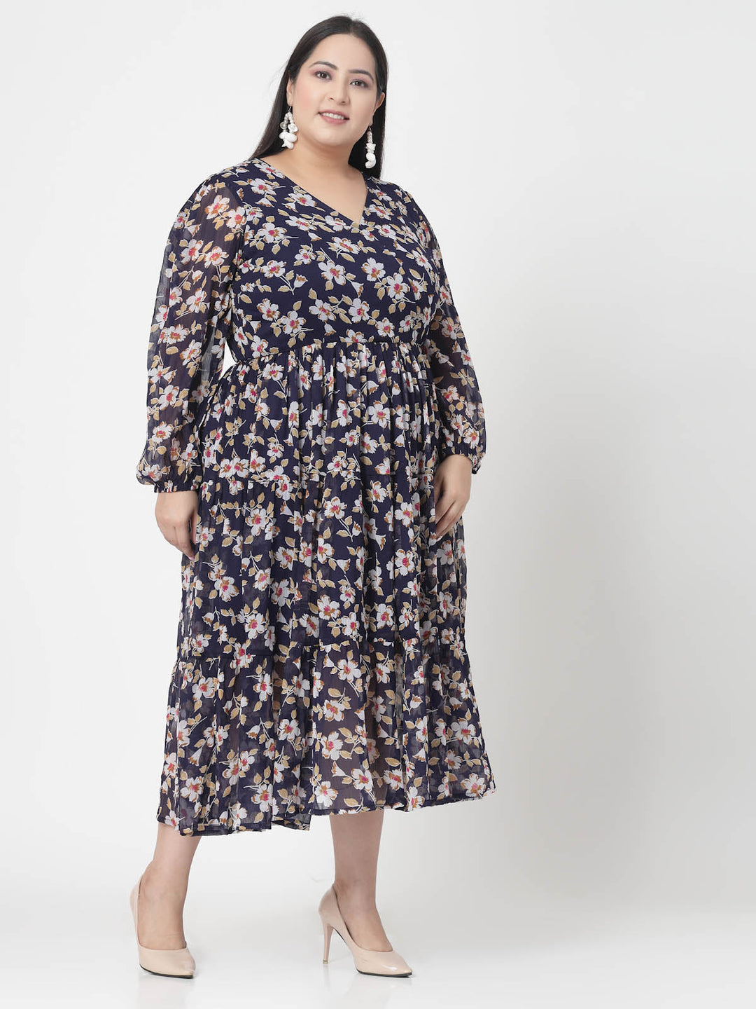 Plus Size Floral Print V-Neck Fit & Flare Midi Dress