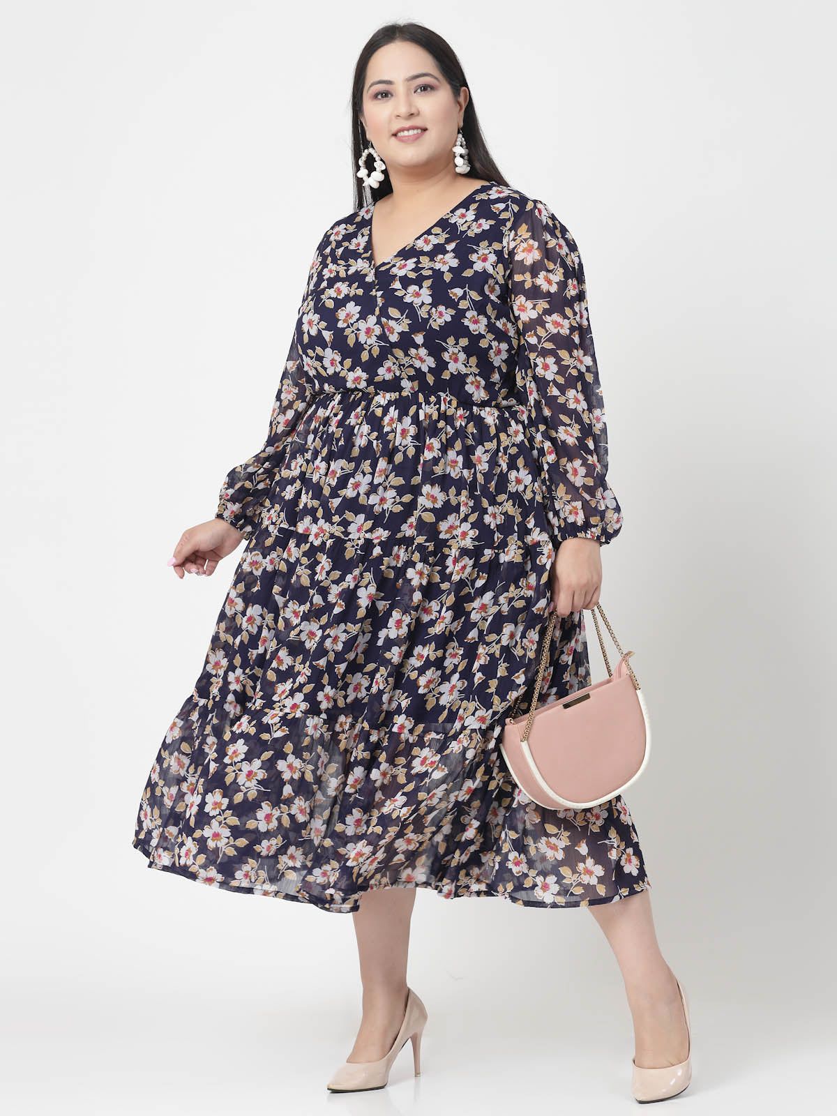 Plus Size Floral Print V-Neck Fit & Flare Midi Dress