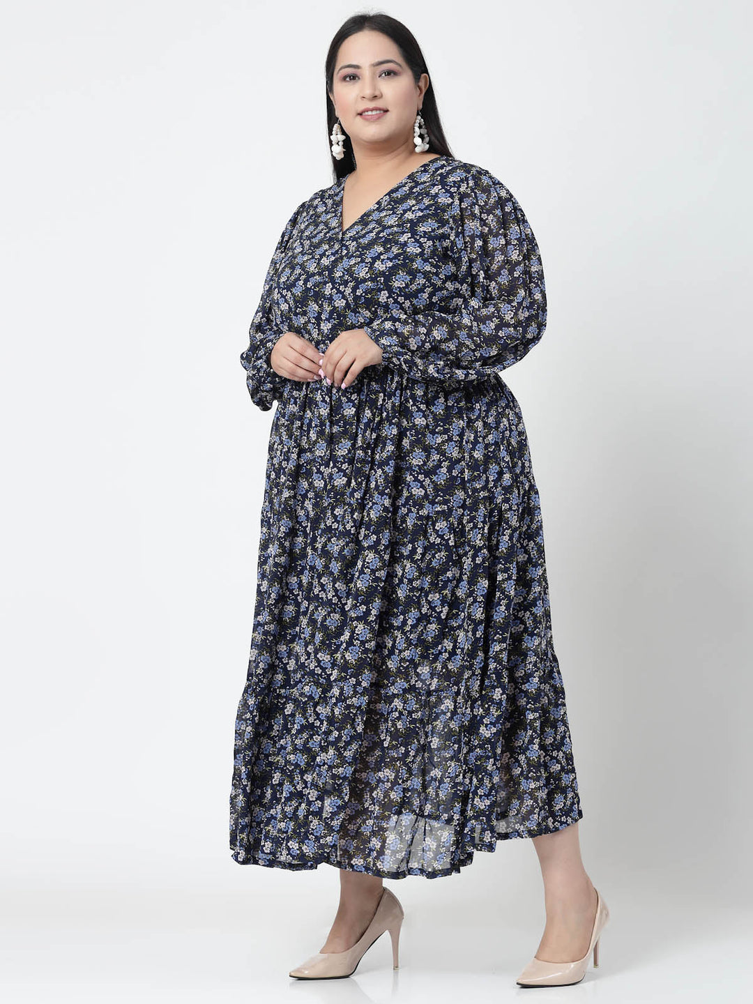 Floral Printed Puffed Sleeves Maxi Dress