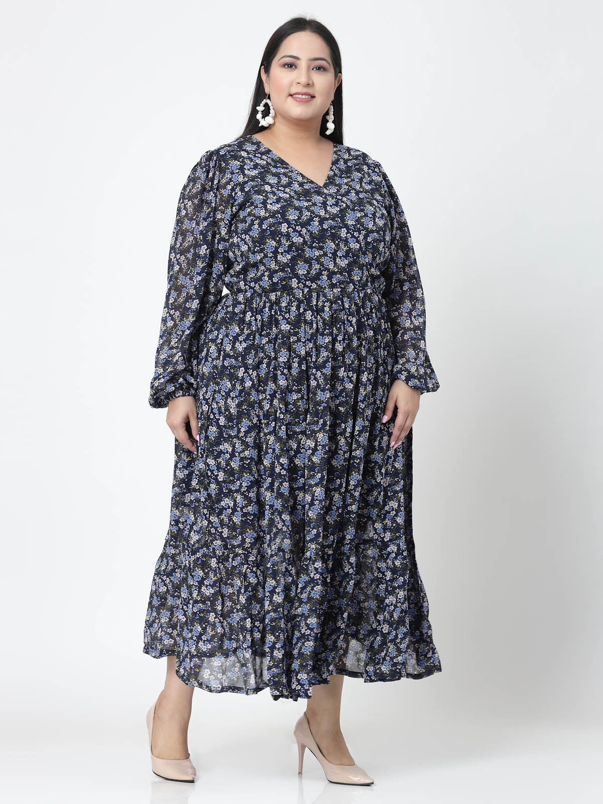 Floral Printed Puffed Sleeves Maxi Dress