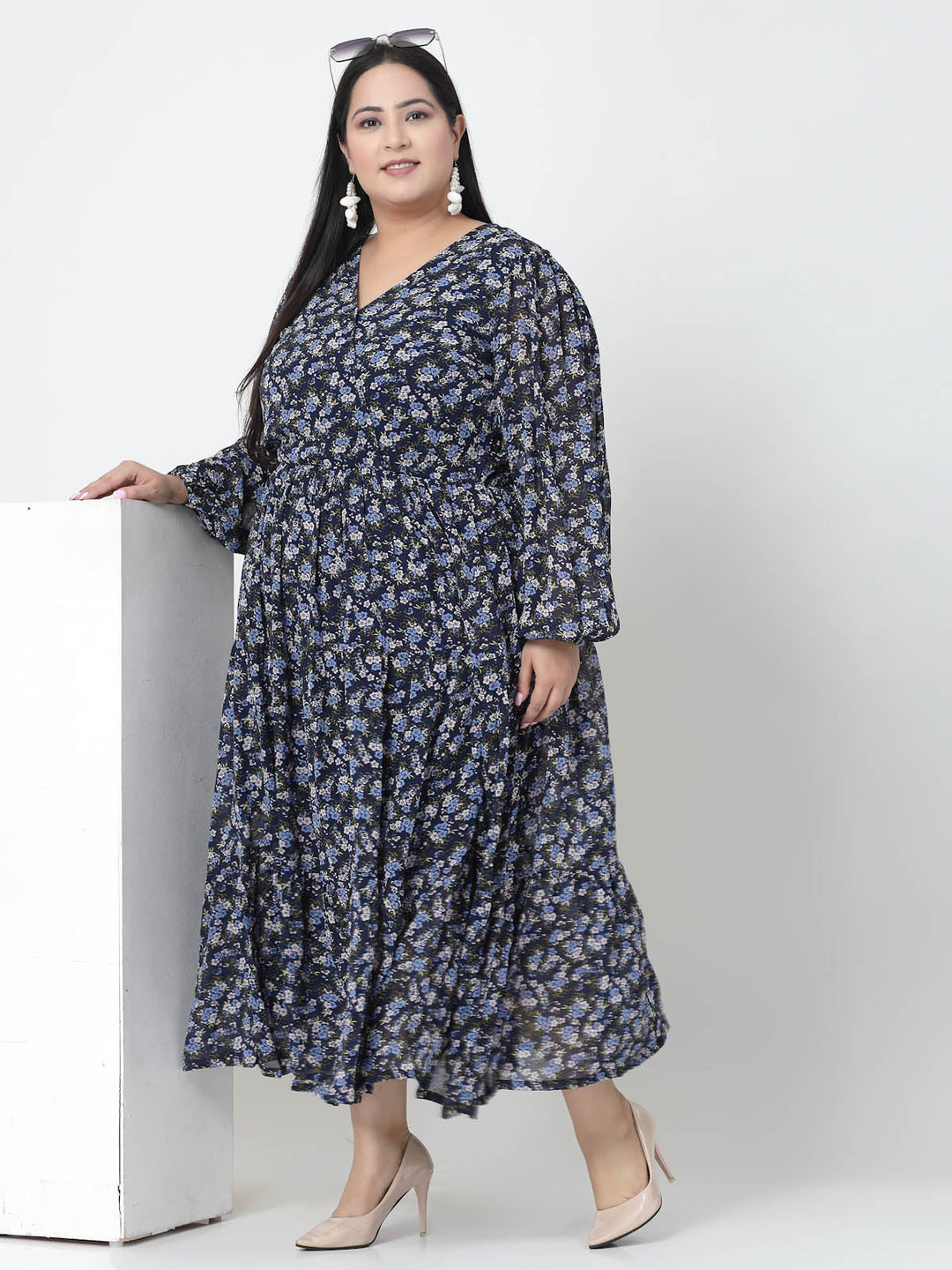 Floral Printed Puffed Sleeves Maxi Dress