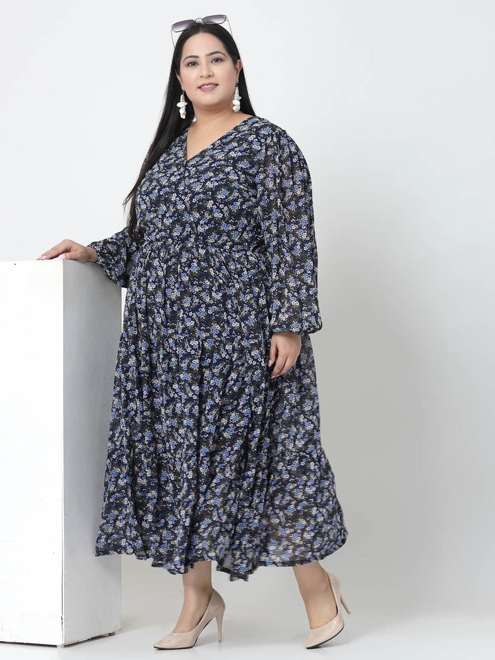 Floral Printed Puffed Sleeves Maxi Dress