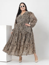 Plus Size Brown & Beige Animal Printed V-Neck Puff Sleeve Fit & Flare Dress