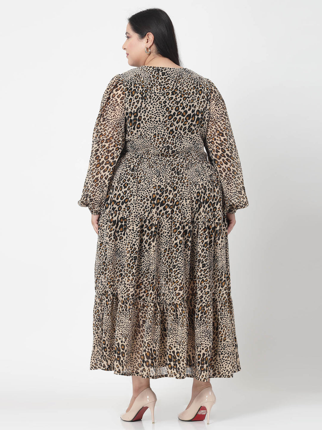 Plus Size Brown & Beige Animal Printed V-Neck Puff Sleeve Fit & Flare Dress