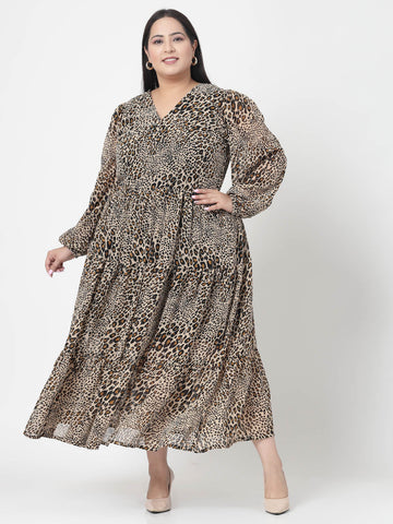 Plus Size Brown & Beige Animal Printed V-Neck Puff Sleeve Fit & Flare Dress