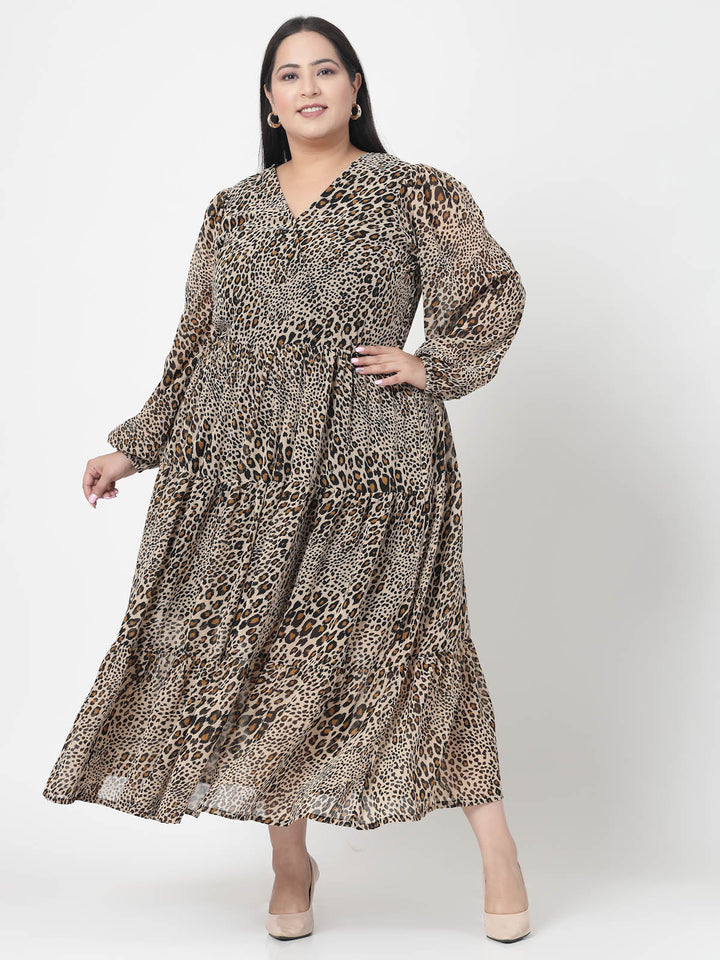 Plus Size Brown & Beige Animal Printed V-Neck Puff Sleeve Fit & Flare Dress