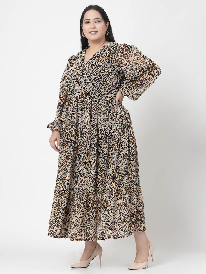 Plus Size Brown & Beige Animal Printed V-Neck Puff Sleeve Fit & Flare Dress