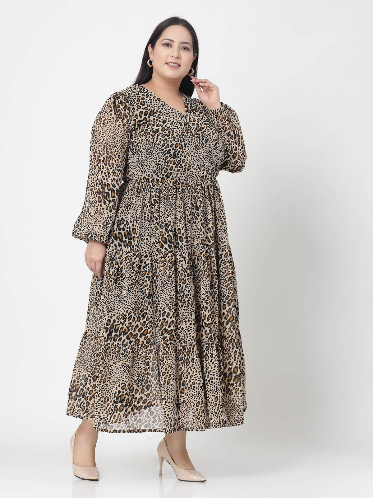 Plus Size Brown & Beige Animal Printed V-Neck Puff Sleeve Fit & Flare Dress