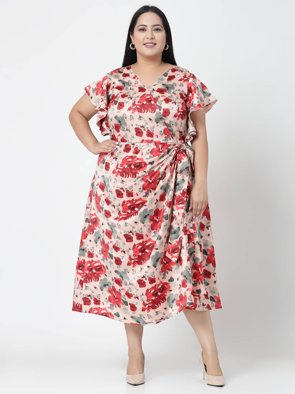 Plus Size Floral Printed Wrap Midi Dress
