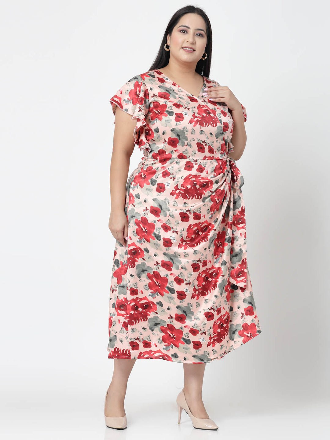 Plus Size Floral Printed Wrap Midi Dress