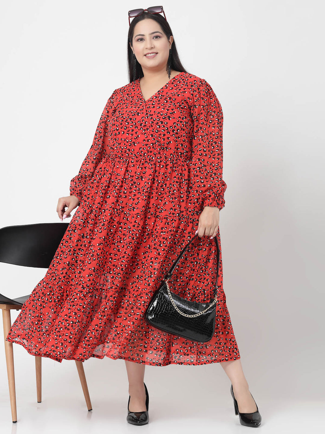 Plus Size Orange & Black Abstract Printed V-Neck Puff Sleeves Fit & Flare Dress