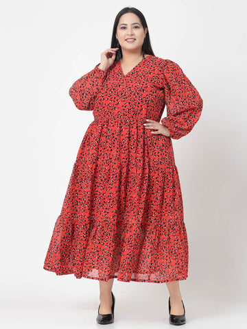 Plus Size Orange & Black Abstract Printed V-Neck Puff Sleeves Fit & Flare Dress