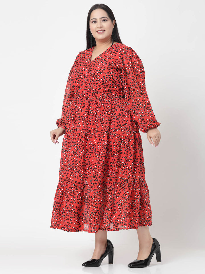 Plus Size Orange & Black Abstract Printed V-Neck Puff Sleeves Fit & Flare Dress