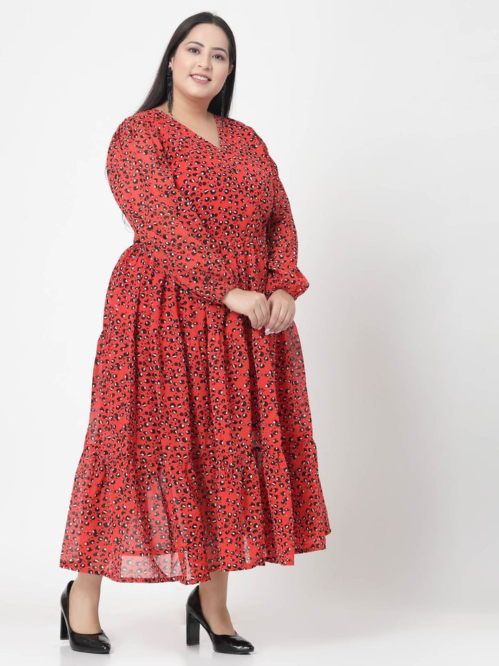 Plus Size Orange & Black Abstract Printed V-Neck Puff Sleeves Fit & Flare Dress