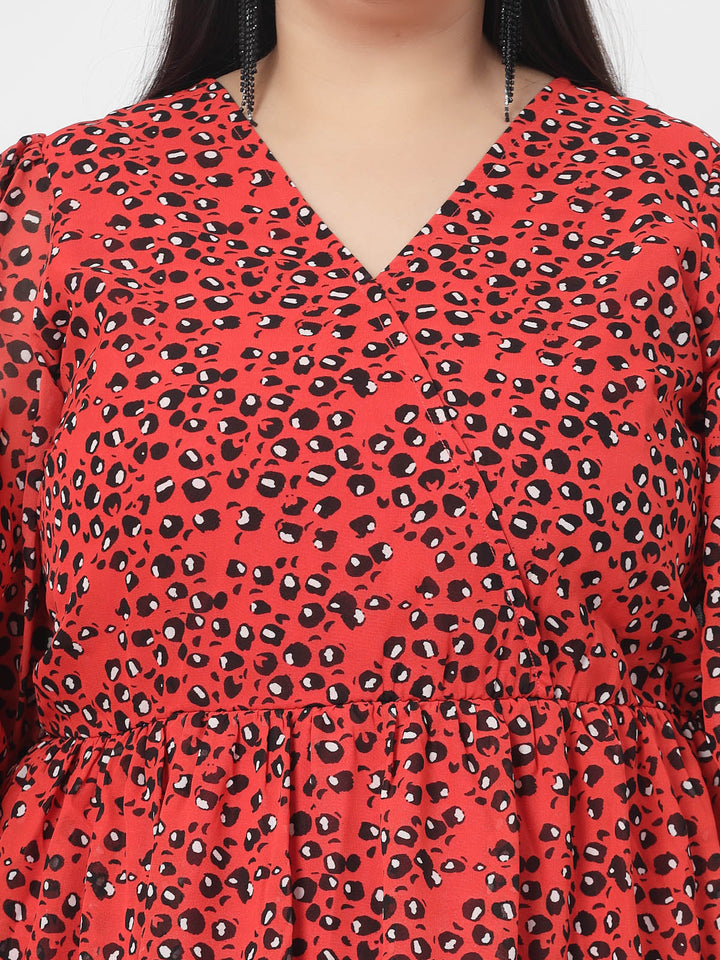 Plus Size Orange & Black Abstract Printed V-Neck Puff Sleeves Fit & Flare Dress