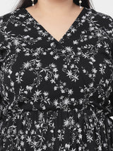 Plus Size Black & White Floral Printed V-Neck Puff Sleeves Fit & Flare Dress