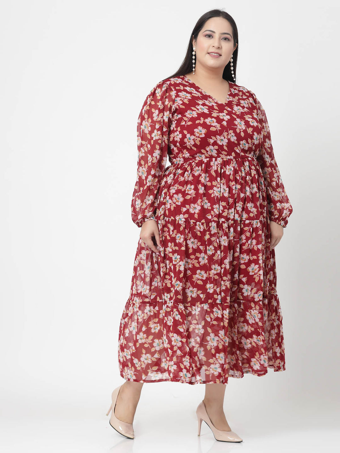 Plus Size Floral Printed Fit & Flare Midi Dress