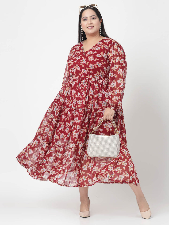 Plus Size Floral Printed Fit & Flare Midi Dress