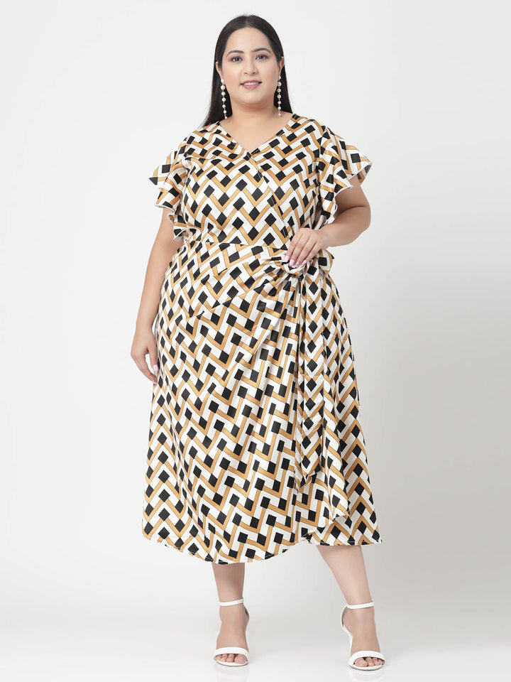 Plus Size Beige & Black Geometric Printed V-Neck Flutter Sleeve A-Line Dress