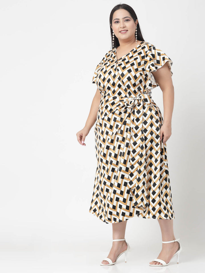 Plus Size Beige & Black Geometric Printed V-Neck Flutter Sleeve A-Line Dress