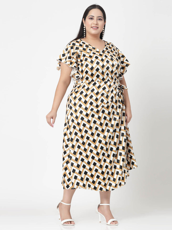 Plus Size Beige & Black Geometric Printed V-Neck Flutter Sleeve A-Line Dress