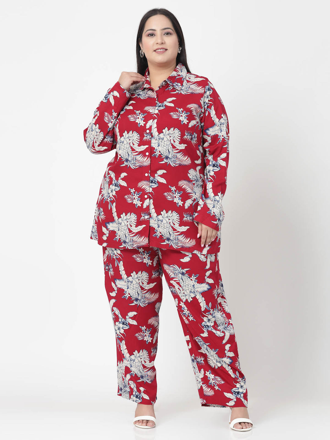 Plus Size Floral Printed Shirt & Trousers