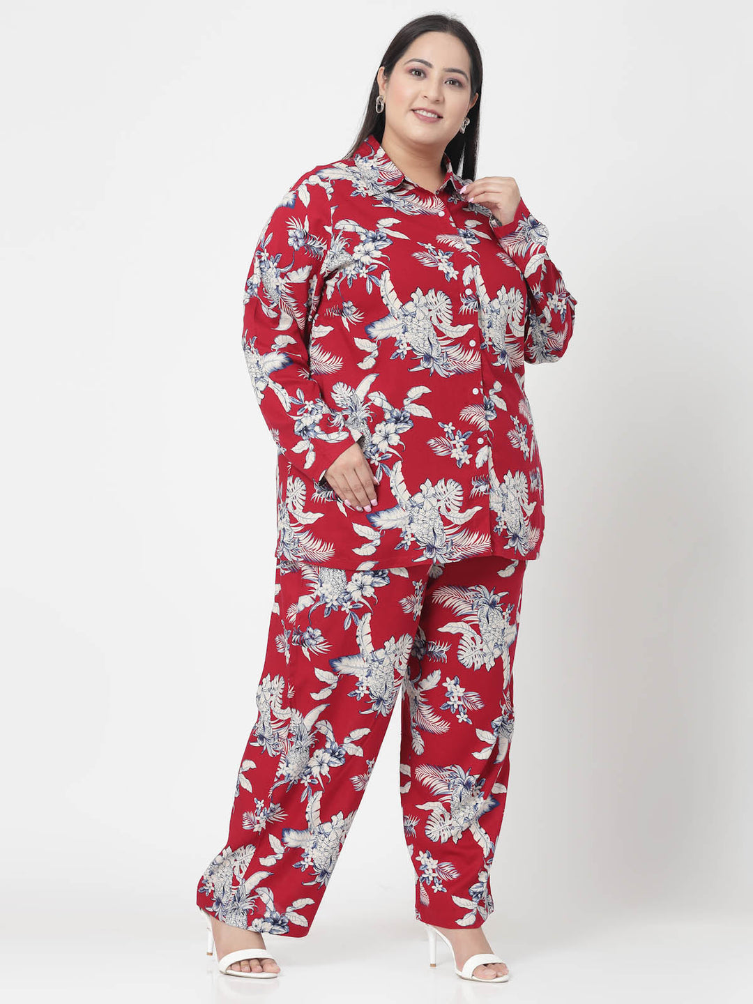 Plus Size Floral Printed Shirt & Trousers