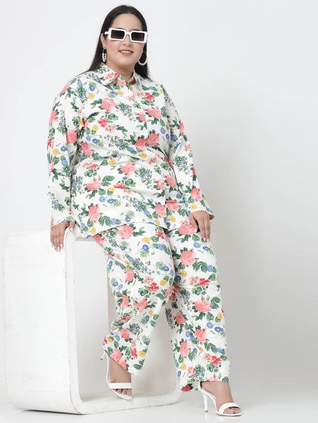 Plus Size White Floral Printed Shirt & Trousers