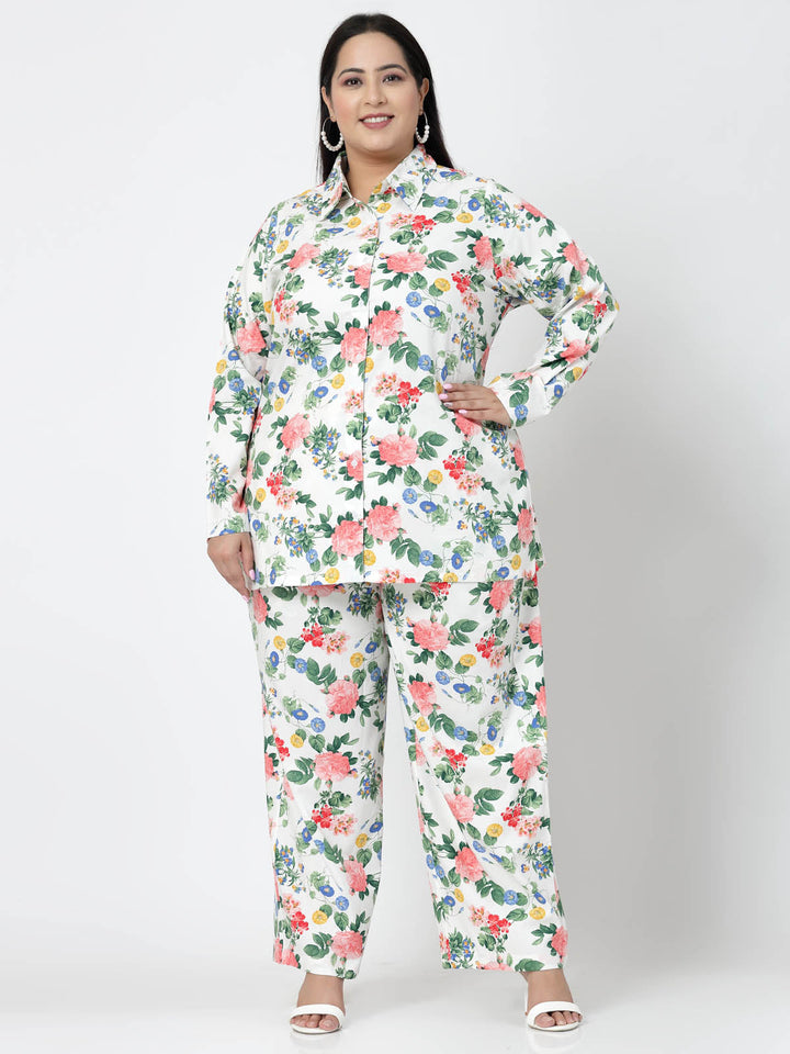 Plus Size White Floral Printed Shirt & Trousers